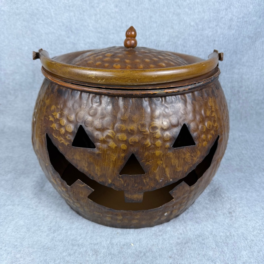 Metal Jack O Lantern Pumpkin Bucket Brown Hammered Rustic Decor